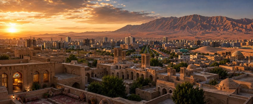 نمای سینمایی شهر کاشان با ترکیب بافت تاریخی، خانه‌های سنتی، کویر، کوهستان و شهر مدرن