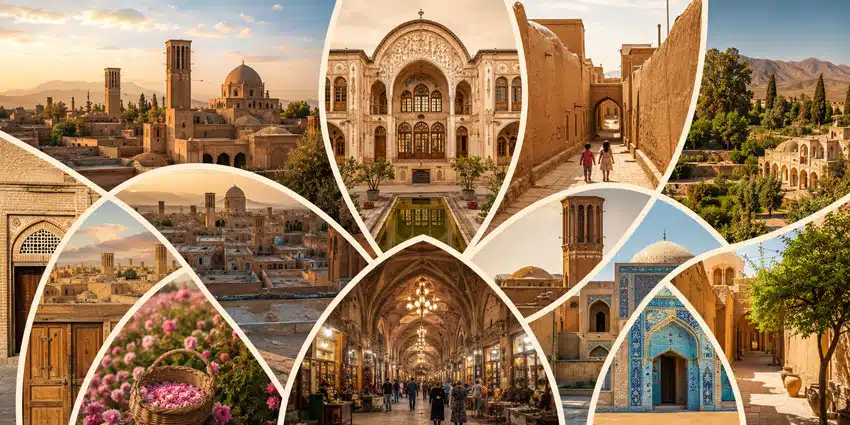 عکس یا نقشه محله‌های کاشان نقشه گرافیکی ساده با نقاط مهم: مرکز، فین، راوند، ناجی‌آباد، امیرکبیر، قمصر، نیاسر
